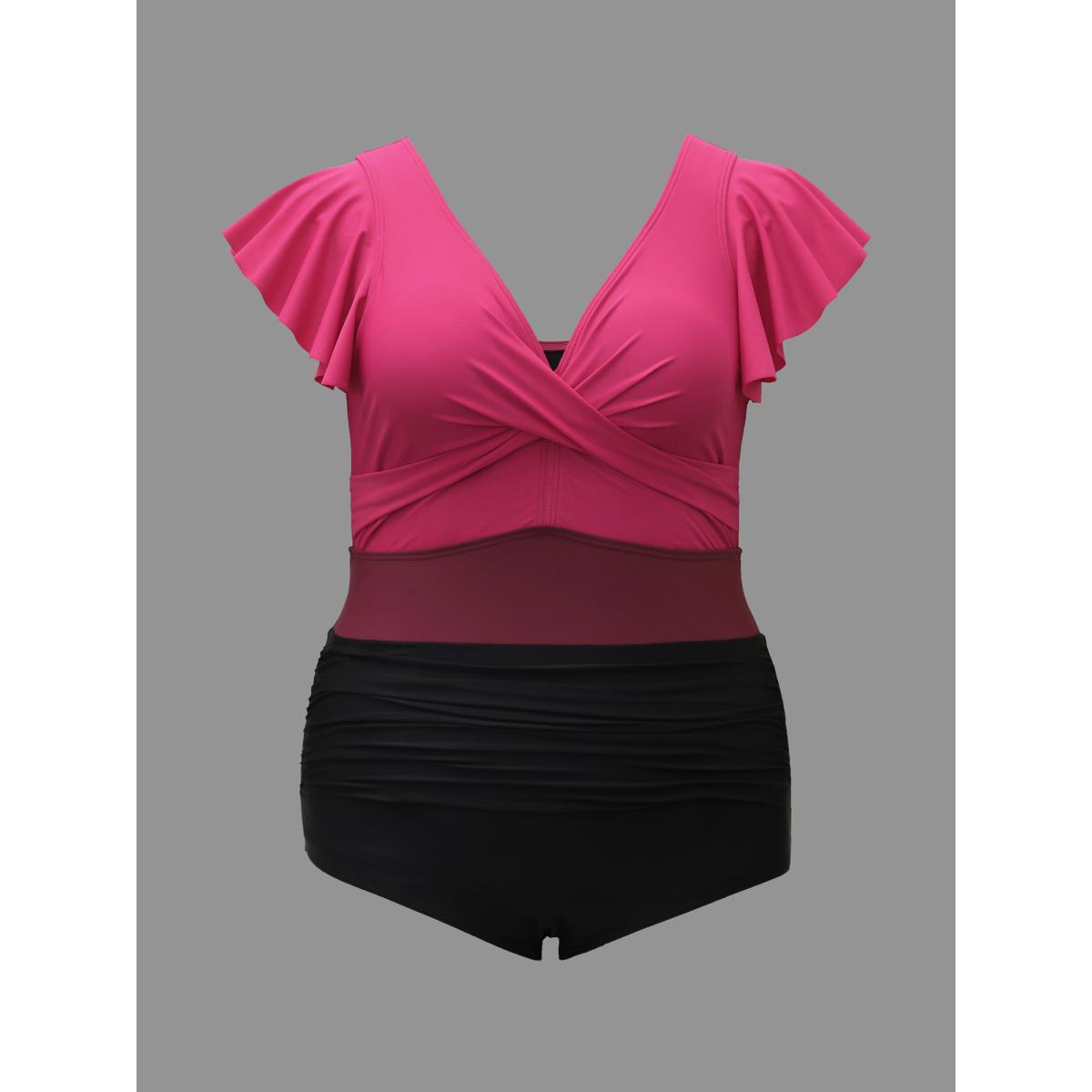 Plus Size Color Block Tummy Control One-Piece Swimsuit Women's Swimwear Magenta Beach Twist Curve Bathing Suits High stretch One Pieces BloomChic 12/L Product Image