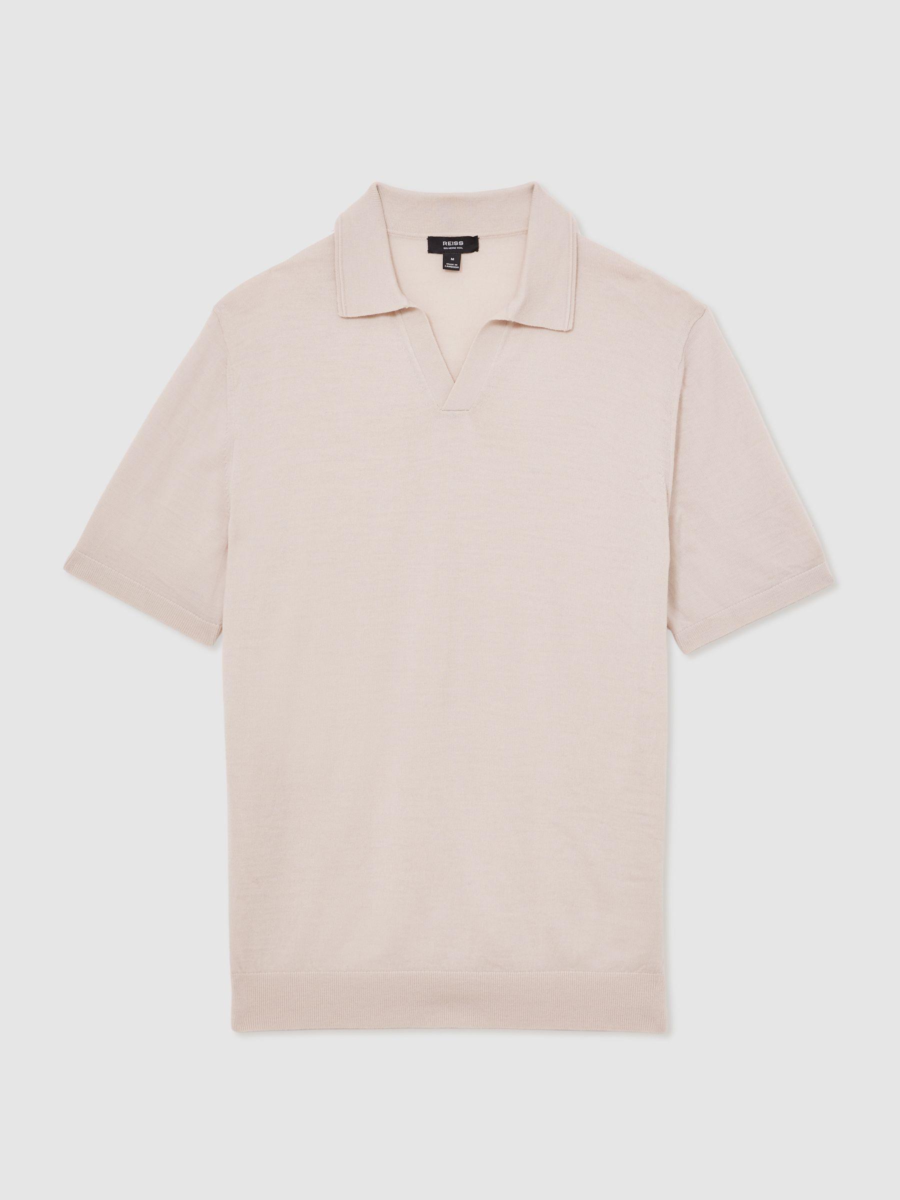 Merino Wool Open-Collar Polo Shirt in Beige Product Image