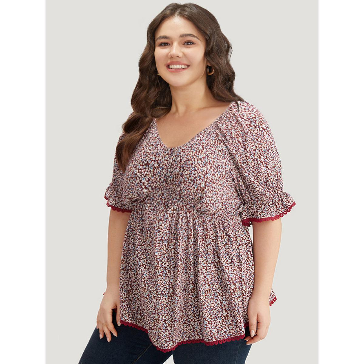 Plus Size Scarlet Ditsy Floral Ruched V Neck Lace Patchwork Blouse Women Elegant Half Sleeve V-neck Dailywear Blouses BloomChic 10/M Product Image
