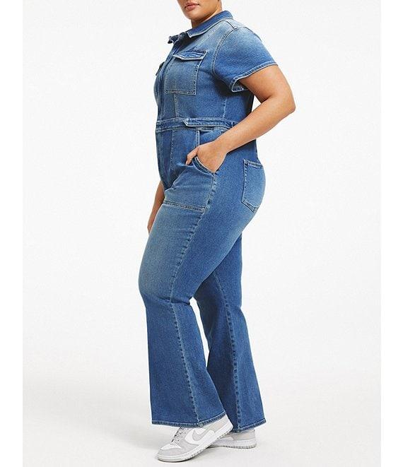 Good American Plus Size Fit For Success Short Sleeve Point Collar Straight Leg Stretch Denim Jumpsuit Product Image