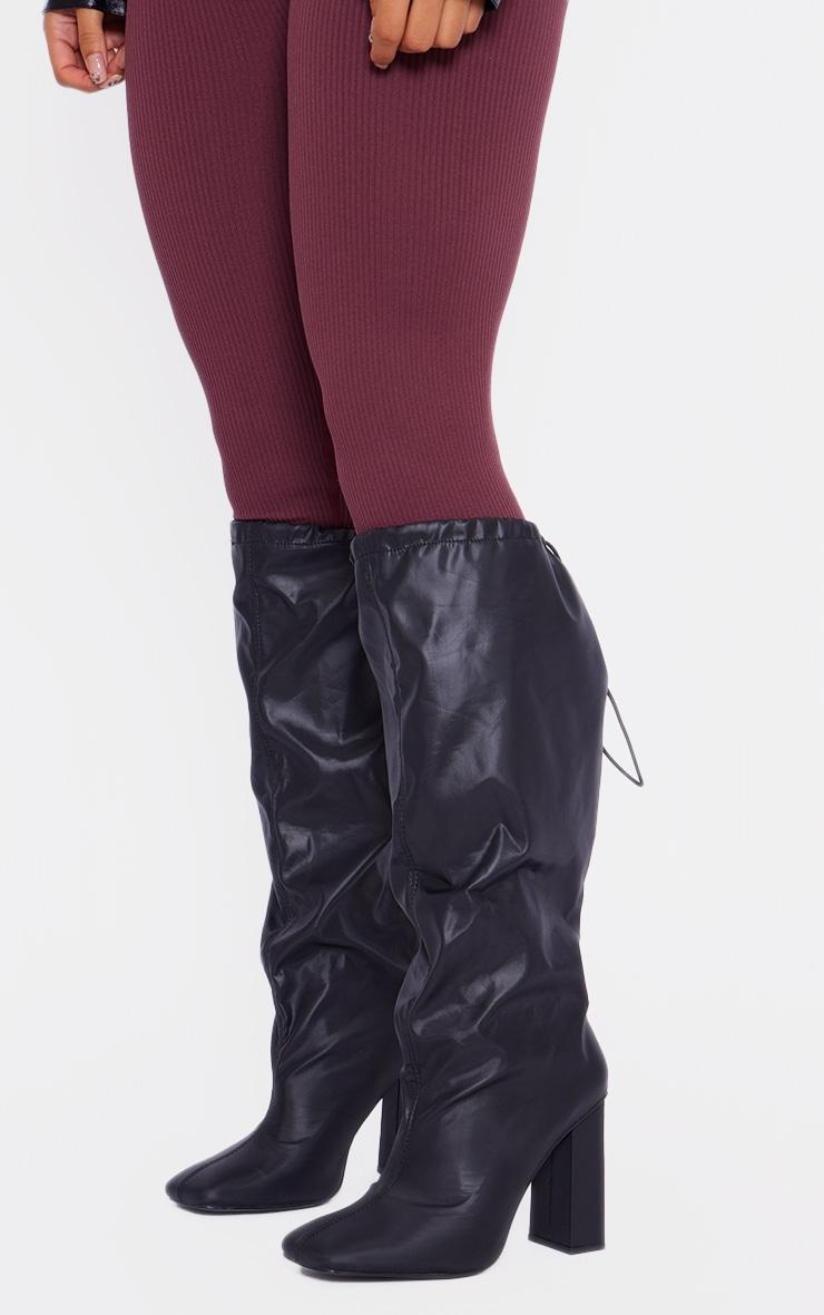 Black Wide Fit PU Square Toe Knee High Block Heel Toggle Boots Product Image