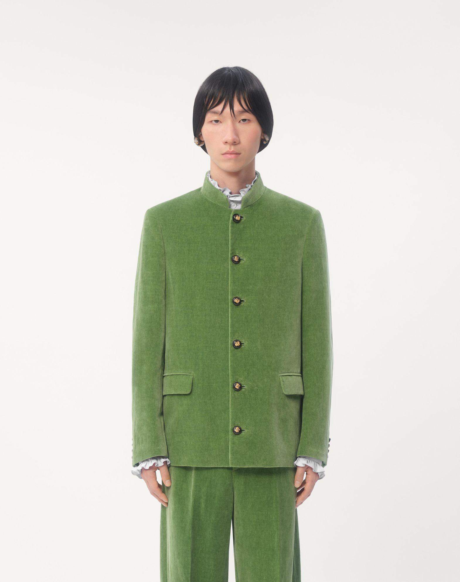 Cotton Velvet And Washed Linen Jacket With Mandarin Collar Product Image