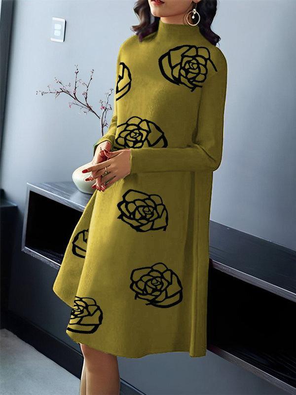 A-Line Long Sleeves Flower Print Mock Neck Midi Dresses Product Image