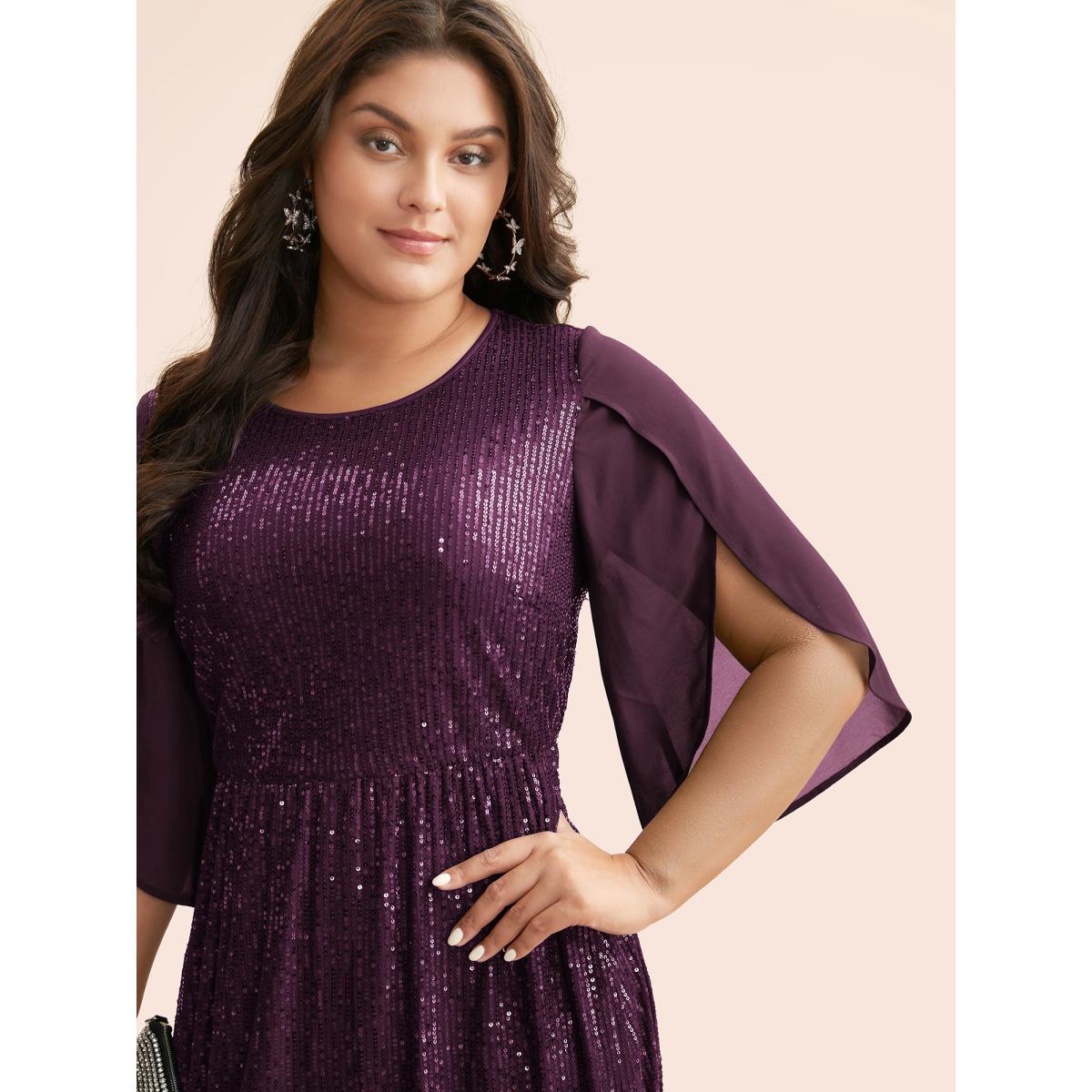 Plus Size Sequin Mesh Patchwork Petal Sleeve Dress Pureblack Women Party&Cocktail Overlapping Party Curvy Bloomchic 18-20/2X Product Image