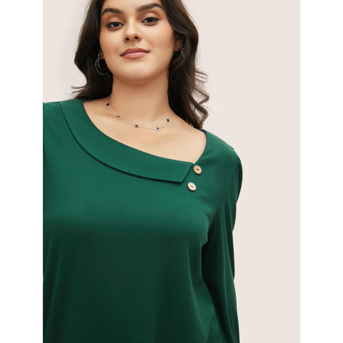 Plus Size Elastic Cuffs Asymmetrical Neck Button Detail T-shirt DarkGreen Women Elegant Button Plain Asymmetrical Neck Everyday T-shirts BloomChic 22-24/3X Product Image