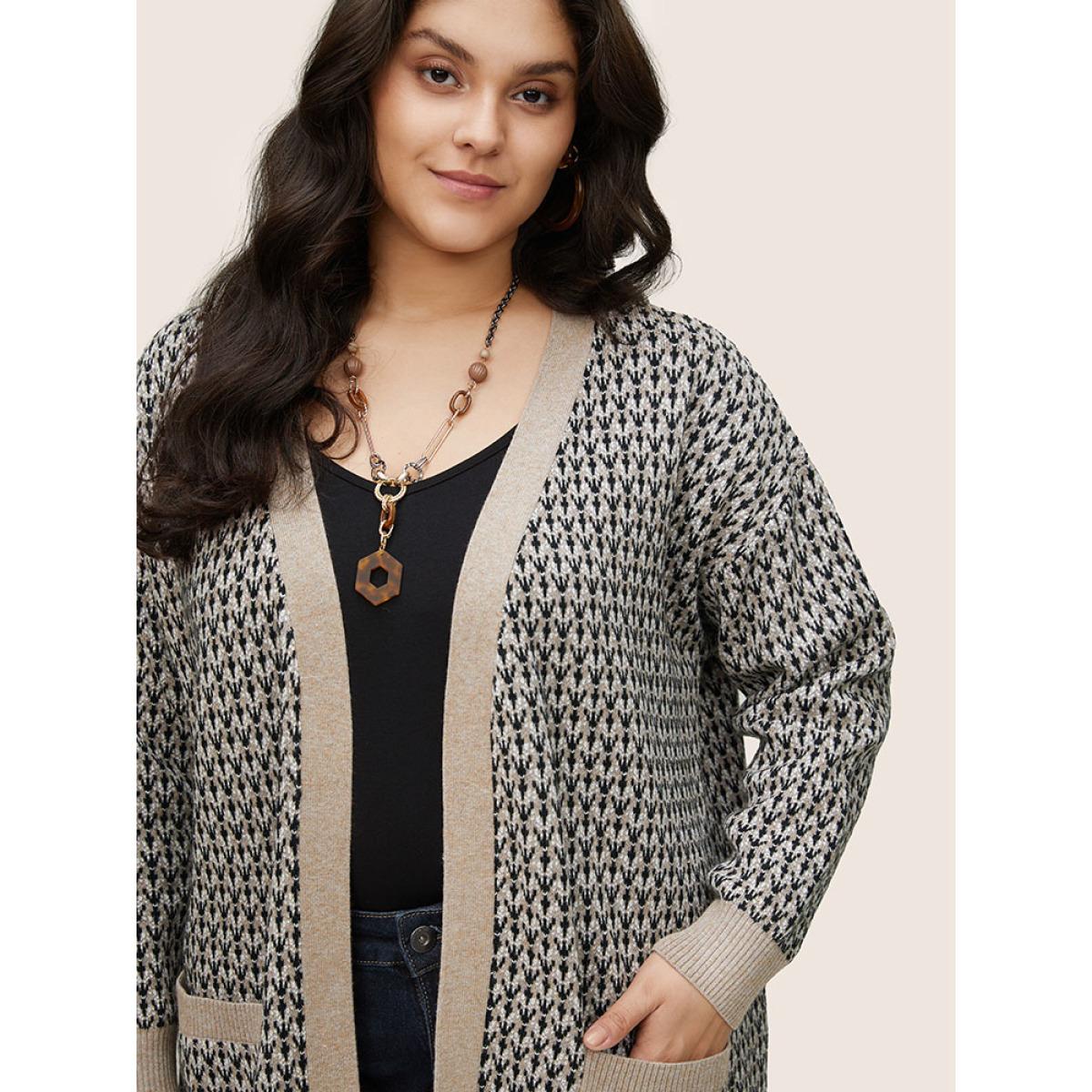 Plus Size Supersoft Essentials Jacquard Geometric Contrast Pocket Cardigan LightBrown Women Casual Loose Long Sleeve Dailywear Cardigans BloomChic 14-16/1X Product Image