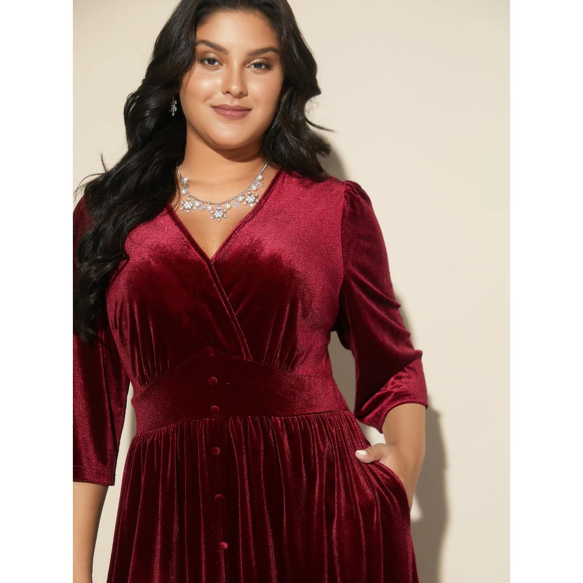 Plus Size Velvet Ruched Surplice Neckline Midi Dress Burgundy Women Formal Texture Party Curvy Bloomchic 14-16/1X Product Image