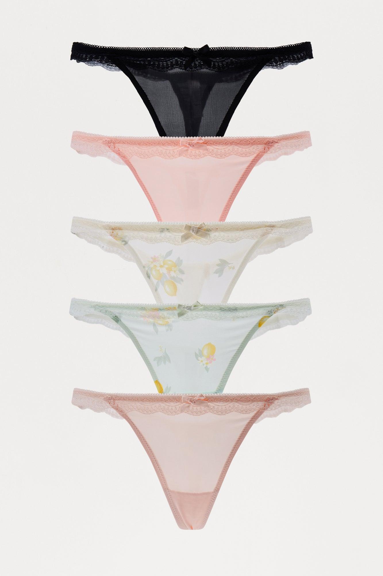 Sweet Cheeks Lace And Mesh 5 Pack Thong Panties - Cream/combo Female Product Image