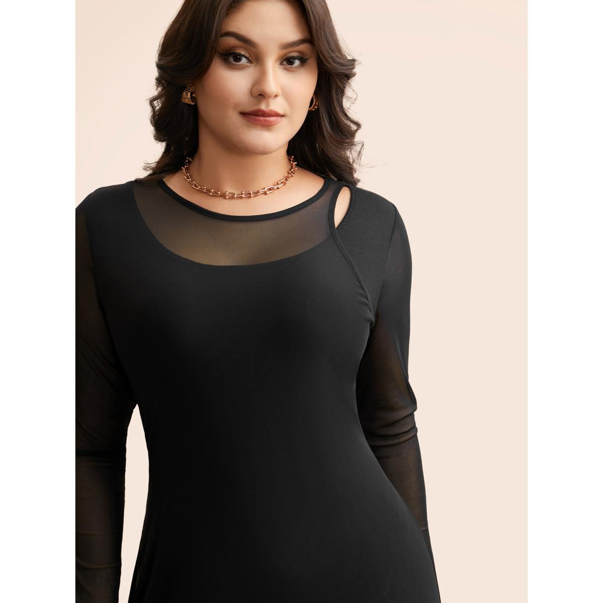 Plus Size Crew Neck Patchwork Mesh Split Hem Dress Black Women Elegant See through Round Neck Long Sleeve Curvy BloomChic 22-24/3X Product Image
