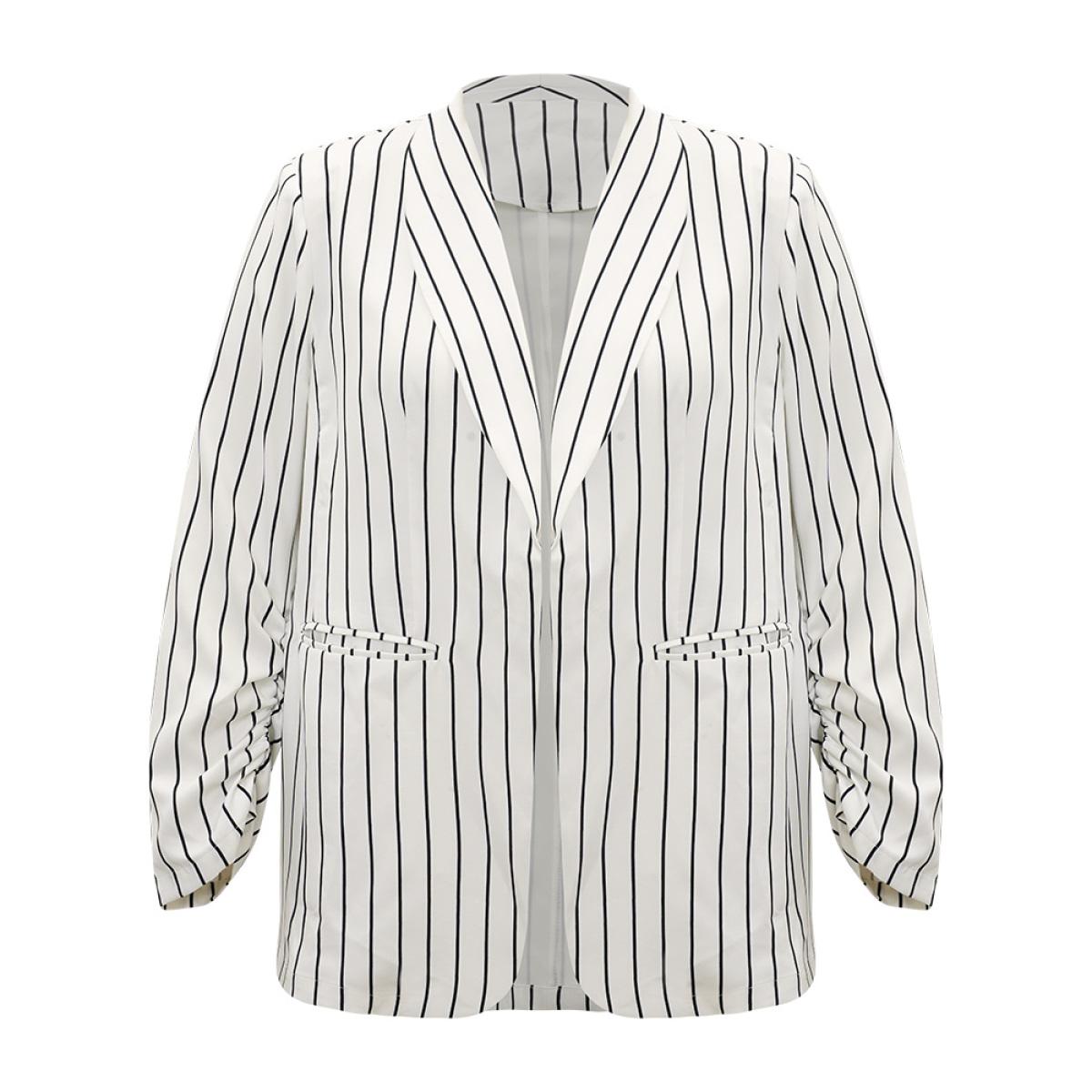 Plus Size Striped Pocket Gathered Lapel Collar Blazer White Women Work Striped Gathered Sleeve Long Sleeve Lapel Collar 18-20/2X Pocket Office Blazers BloomChic Product Image