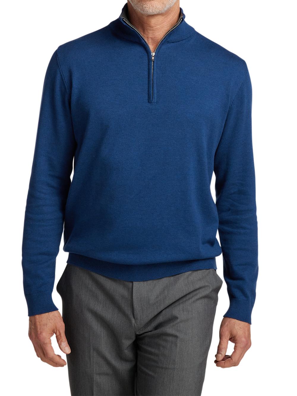 Supima Cotton Quarter Zip Mock Neck Sweater - Dark Blue Product Image