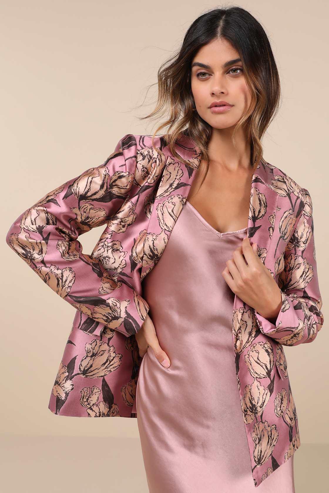 Cherished Chicness Pink Floral Jacquard Blazer Product Image