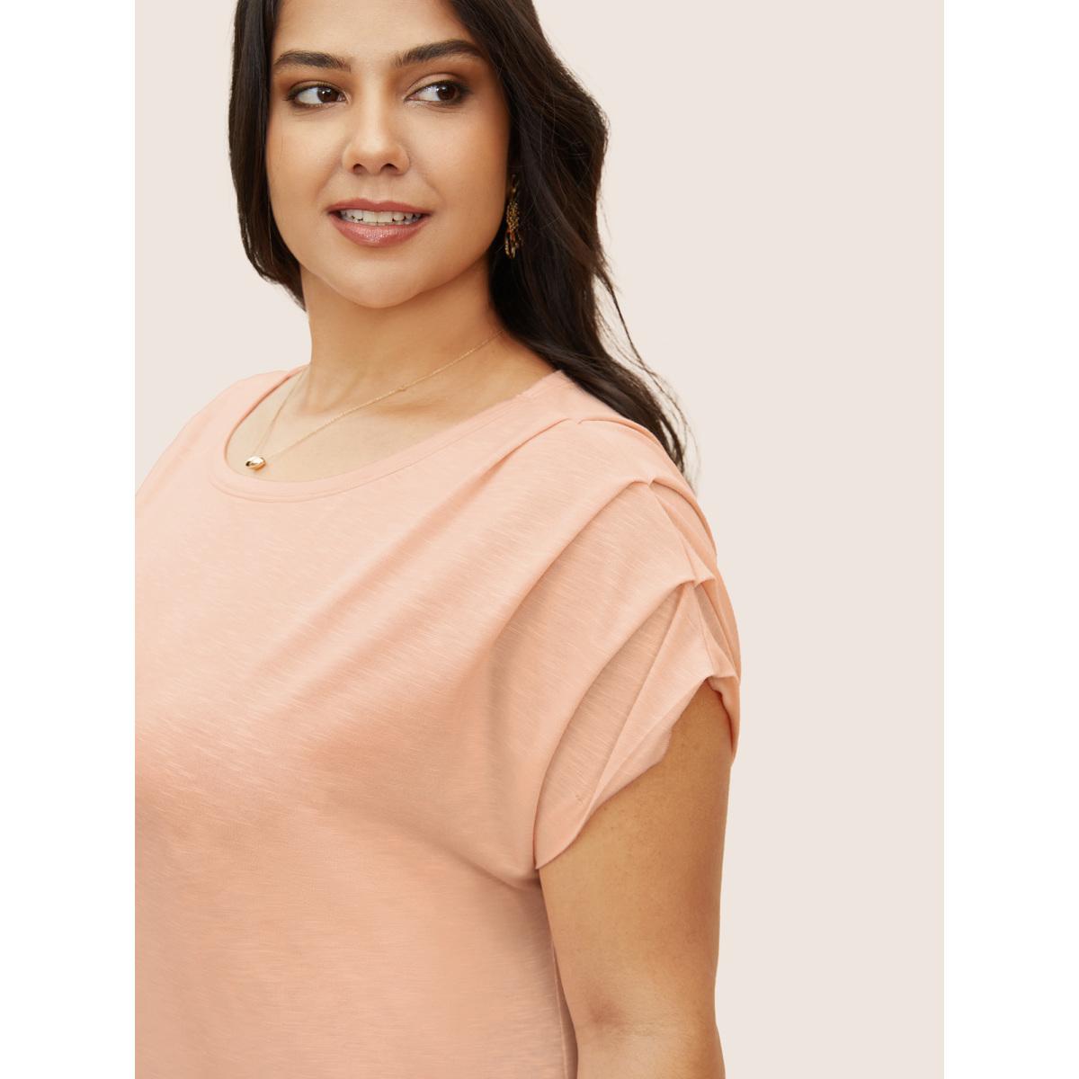 Plus Size Plain Round Neck Gathered Batwing Sleeve T-shirt Crepe Women Elegant Gathered Round Neck Everyday T-shirts BloomChic 30/6X Product Image