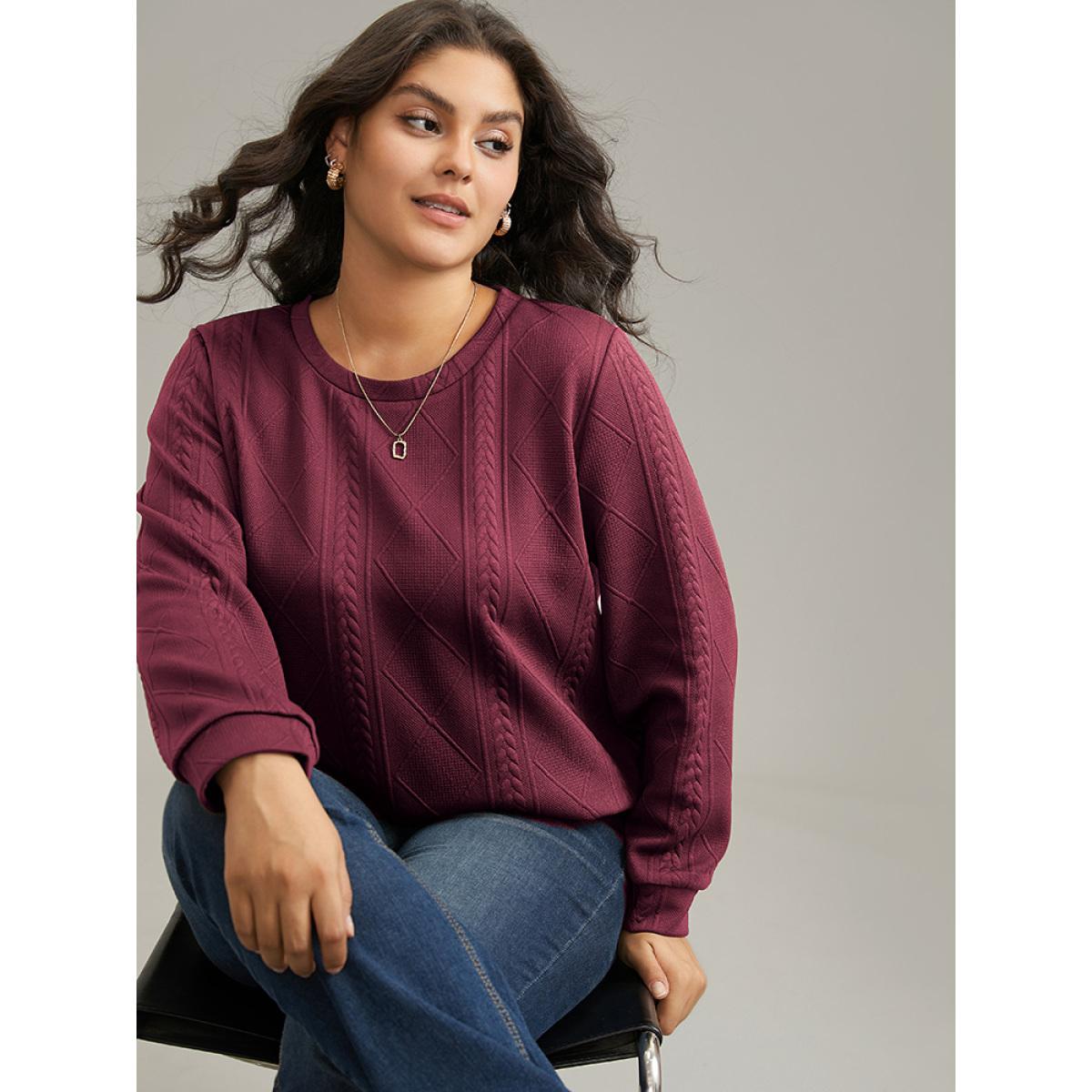 Plus Size Plain Textured Round Neck Sweatshirt Women Burgundy Casual Non Round Neck Everyday Sweatshirts BloomChic 14-16/1X Product Image