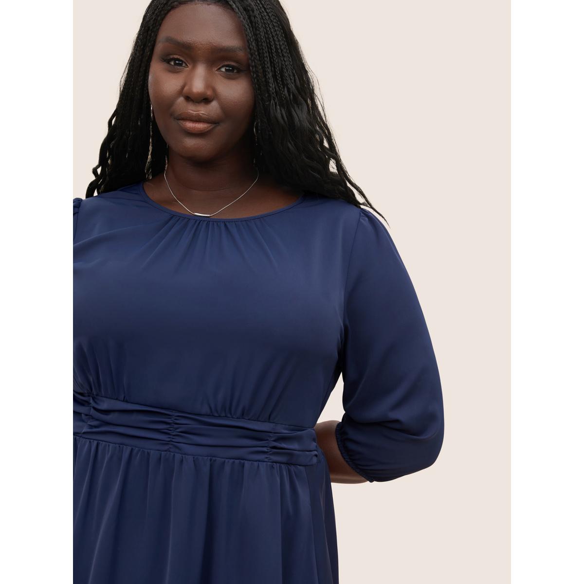 Plus Size Solid Elastic Waist Ruched Dress DarkBlue Women At the Office Non Round Neck Elbow-length sleeve Curvy Midi Dress BloomChic 12/L Product Image
