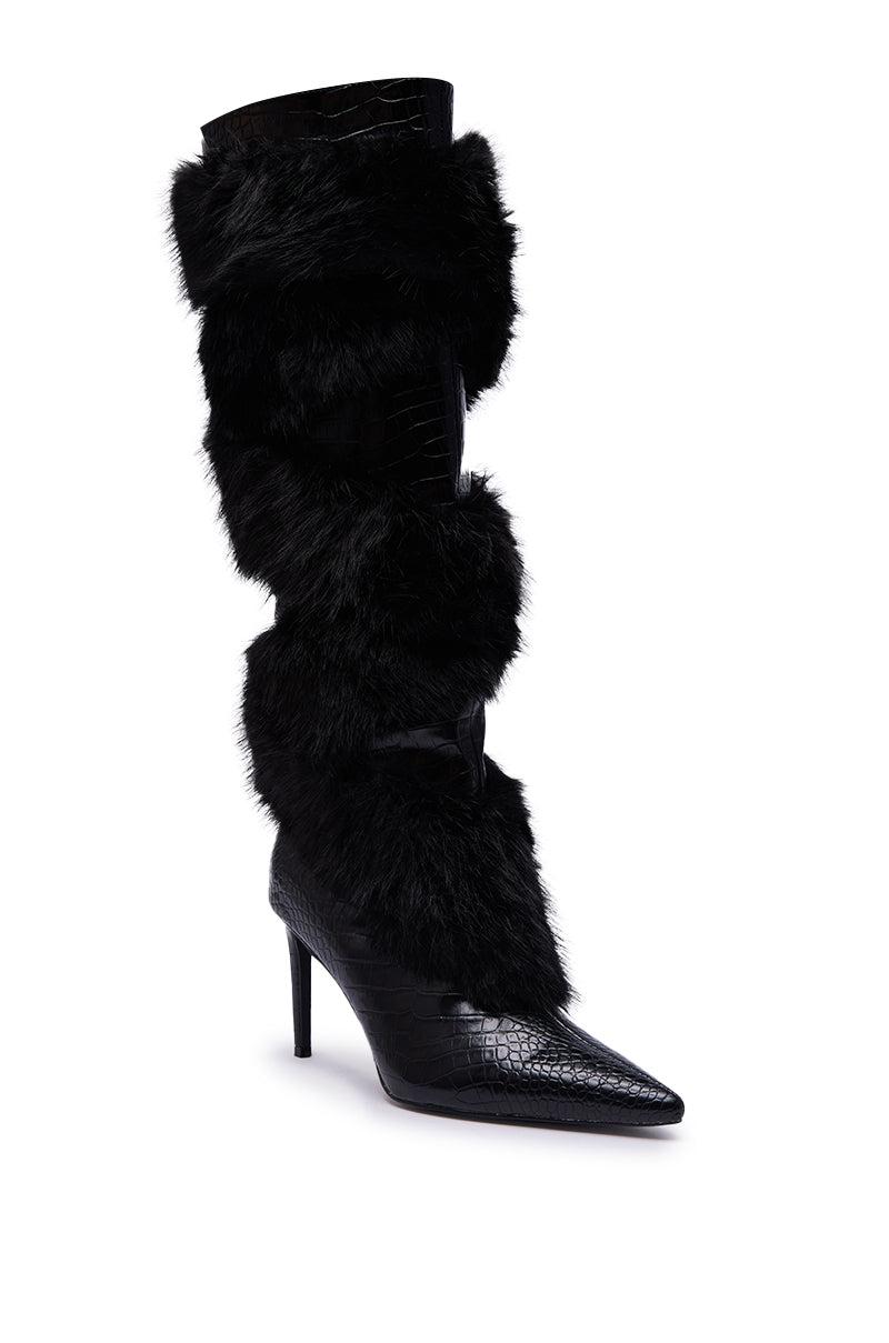 AZALEA WANG CONRADDE BLACK MIXED MATERIAL FUR AND SNAKE STILETTO BOOT Product Image