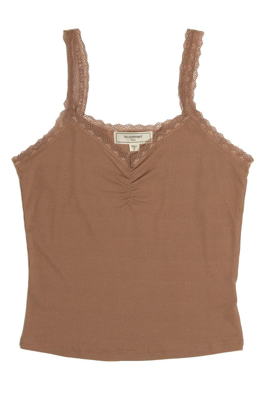 Brown Ruched Lace Trim Cami Product Image
