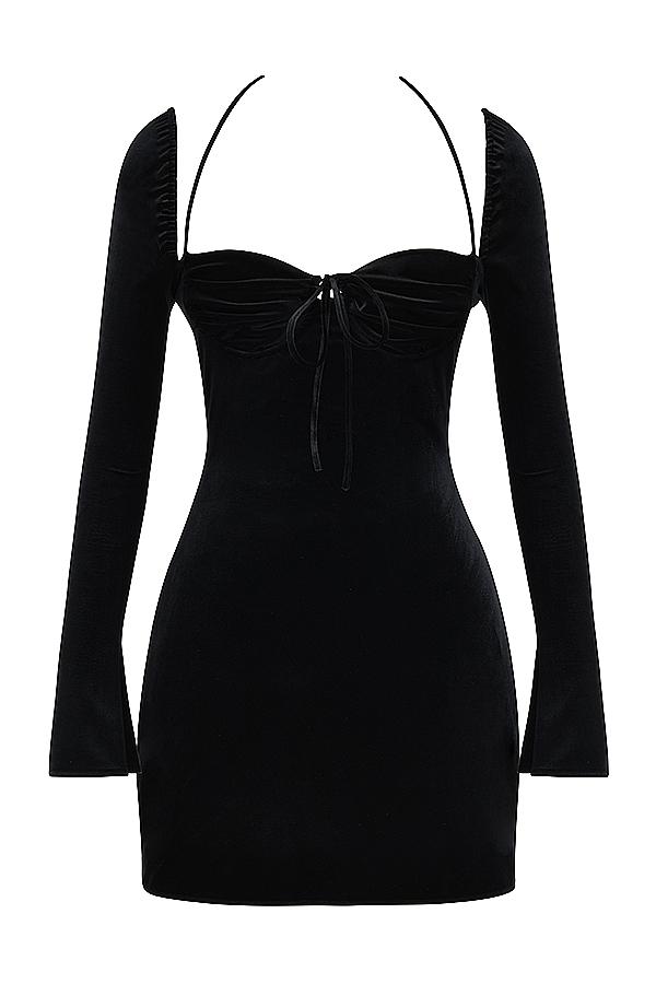 Babydoll  black velvet halter mini dress Product Image