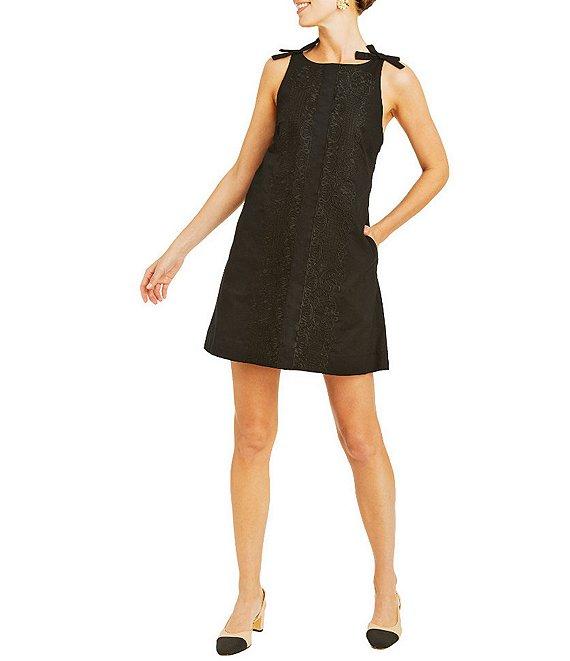 Mestiza New York Payton Poplin Stripe Print Boat Neck Sleeveless Bow Mini Shift Dress Product Image