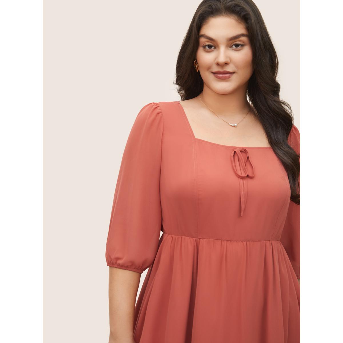 Plus Size Chiffon Plain Ties Knotted Lantern Sleeve Dress Coral Women Elegant Non Square Neck Elbow-length sleeve Curvy Midi Dress BloomChic 12/L Product Image