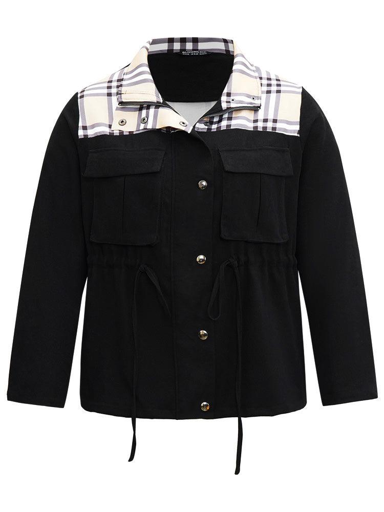 Plaid Patchwork Drawstring Zipper Fly Flap Pocket Coat Female Product Image
