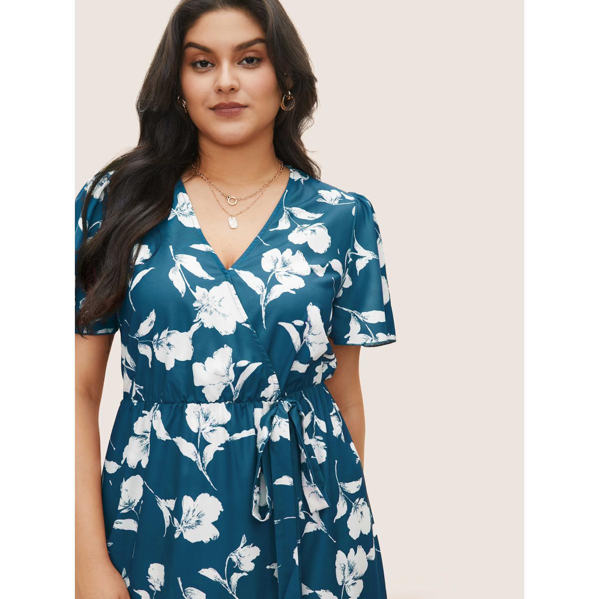 Plus Size Floral Ruffle Knot Side Wrap Dress Teal Women Elegant Ruffles V-neck Short sleeve Curvy Midi Dress BloomChic 18/2X Product Image