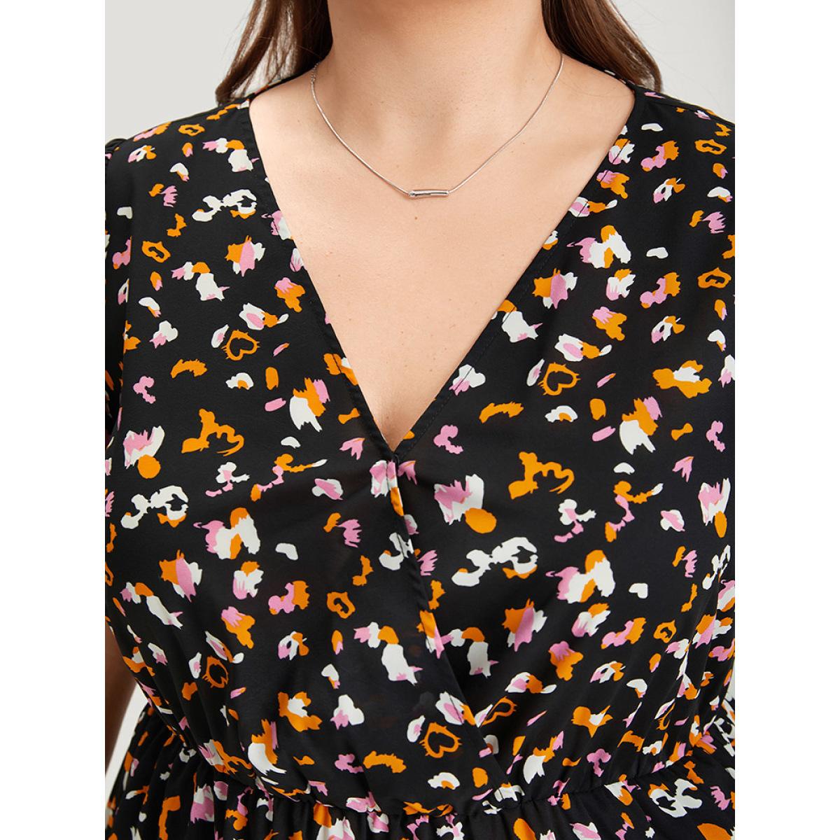 Plus Size Colour Leopard Print Wrap Elastic Waist Ruffle Hem Dress Black Women Elegant Elastic Waist V-neck Short sleeve Curvy Midi Dress BloomChic 22-24/3X Product Image