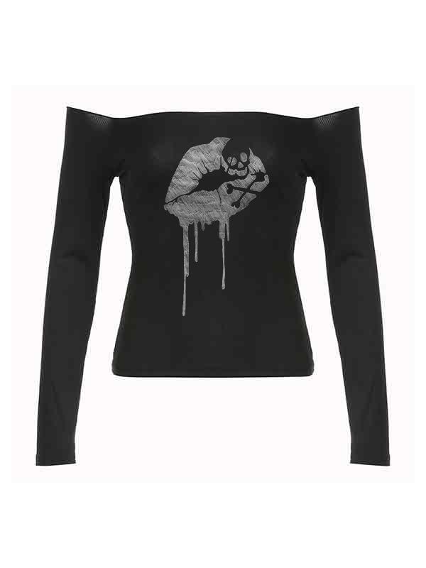 Off Shoulder Lip Skull Print Long Sleeve Tee Product Image