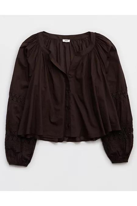 Aerie Long Sleeve Crochet Button Down Shirt Women's Product Image