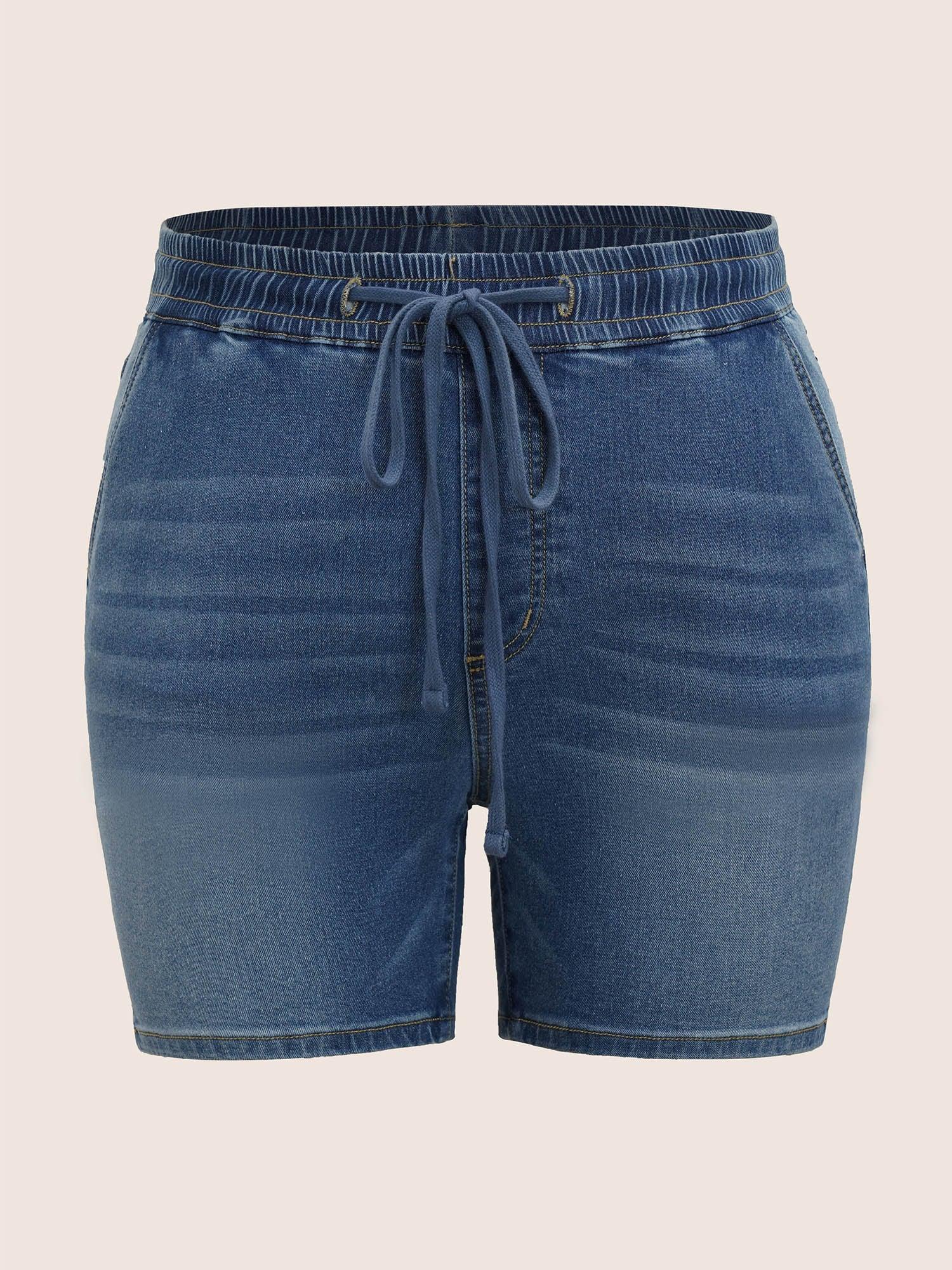Light Wash Elastic Waist Drawstring Denim Shorts Female Product Image