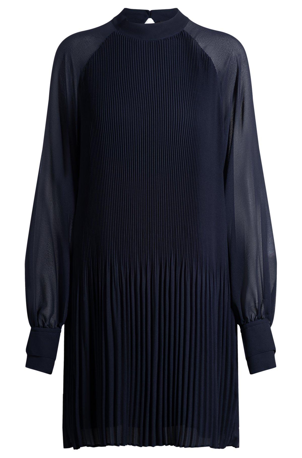 BOSS - High-neck dress with plissé pleats and sheer sleeves - Dark Blue Product Image