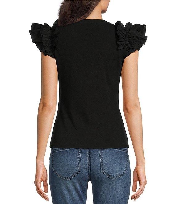 Gibson & Latimer Ribbed Knit Crew Neck Contrasting Poplin Ruffled Short Sleeve Top Product Image