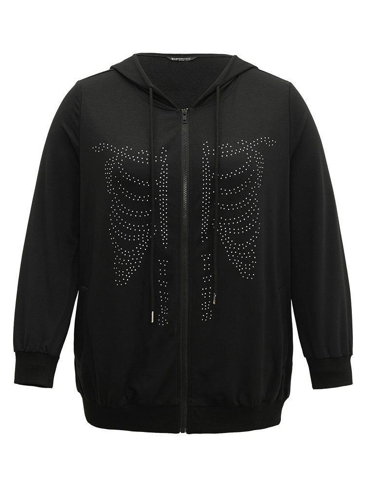 Halloween Print Rhinestone Drawstring Hooded Zipper Sweatshirt Female Product Image