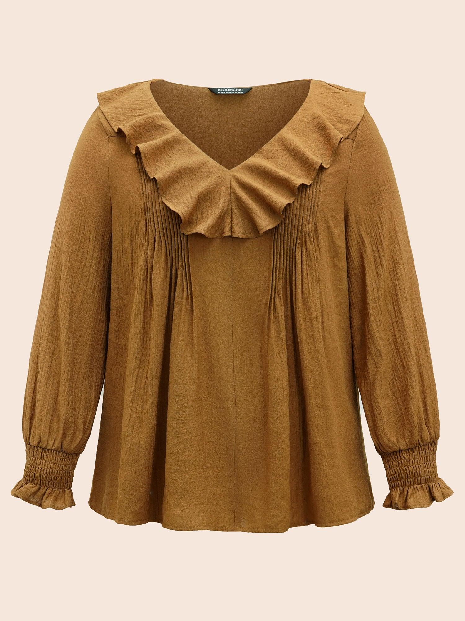 Solid Texture Pleated Ruffle Trim Blouse Female Product Image