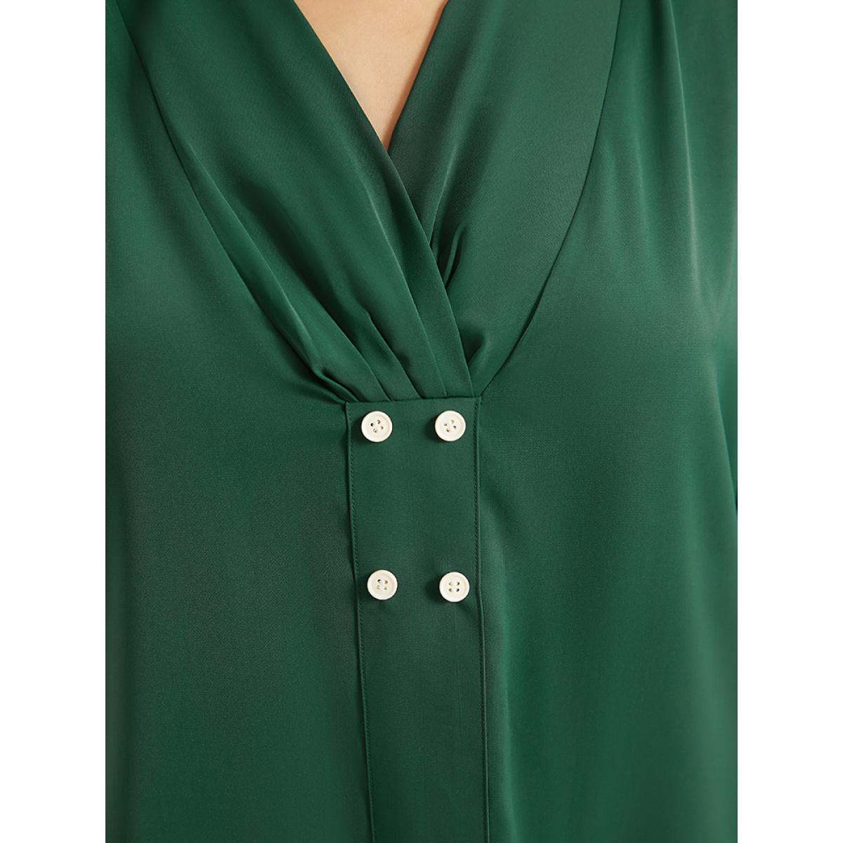 Plus Size DarkGreen Button Detail Plicated Detail Blouse Women Office Half Sleeve V-neck Work Blouses BloomChic 30/6X Product Image
