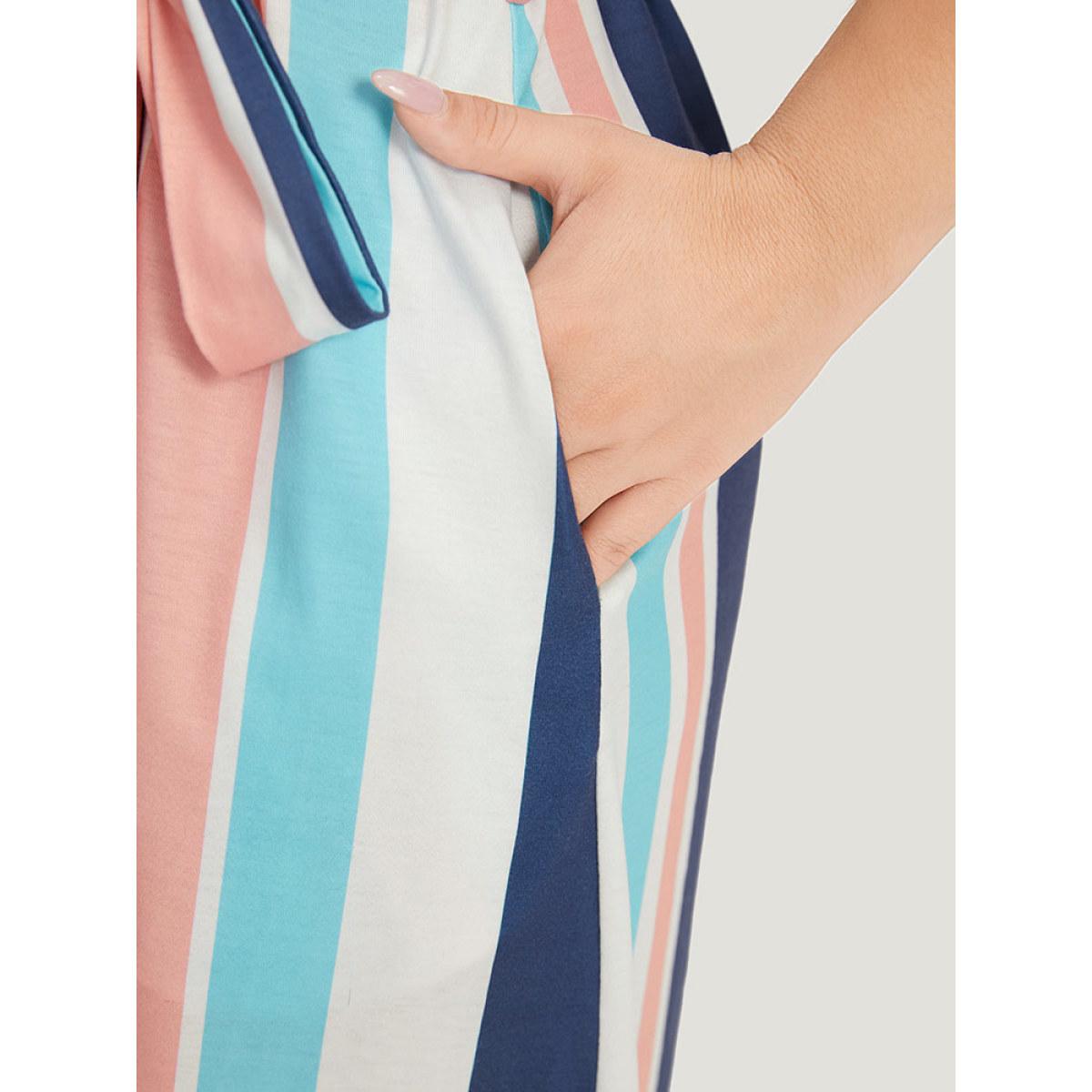 Plus Size Striped Belted V Neck Pocket Arc Hem Dress Indigo Women Casual Belted V-neck Short sleeve Curvy Midi Dress BloomChic 14-16/1X Product Image