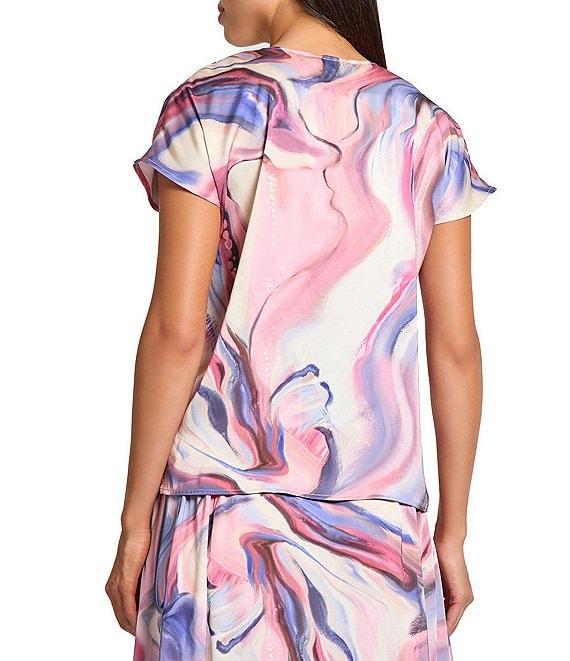 MISOOK Crepe De Shine Watercolor V-Neck Short Sleeve Blouse Product Image