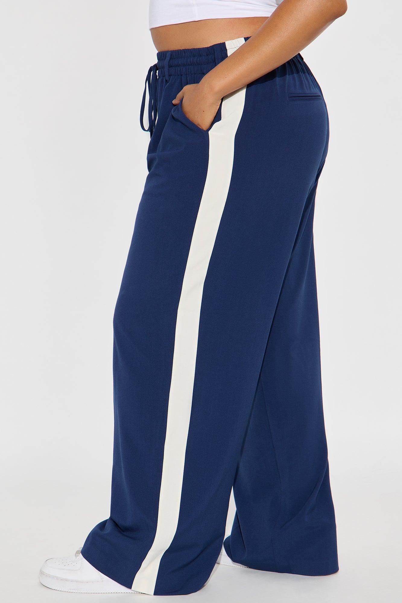 On Track Wide Leg Woven Side Stripe Pants - Navy Product Image