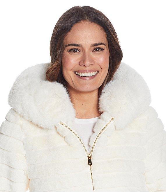 Gallery Faux Fur Stand Collar Long Sleeve Grooved Hooded Jacket Product Image