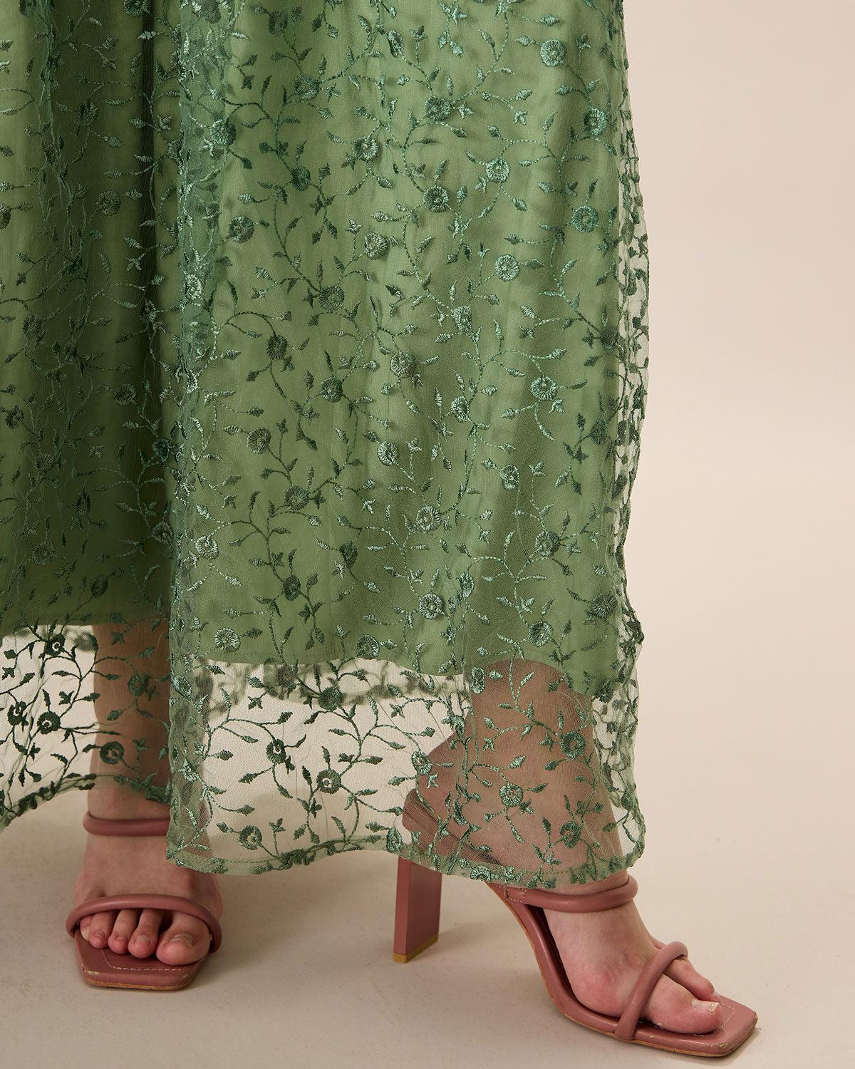 Women's Green Embroidery Mesh Slip Maxi Dress Female Product Image