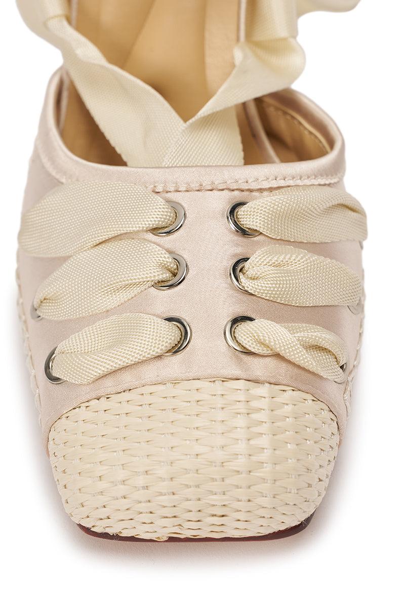 AKIRA GOLD TENDU IVORY BALLET LACE UP NOVELTY HEEL PUMP Product Image