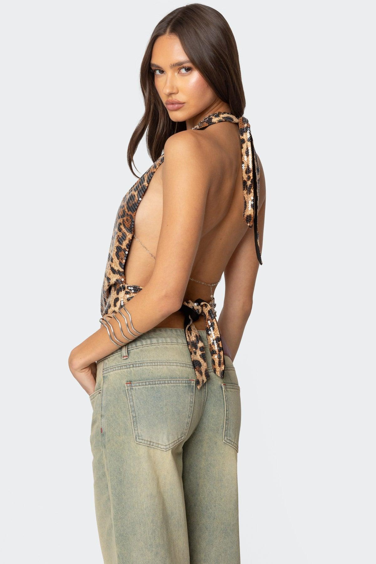 Sequin Leopard Printed Cowl Neck Top Product Image