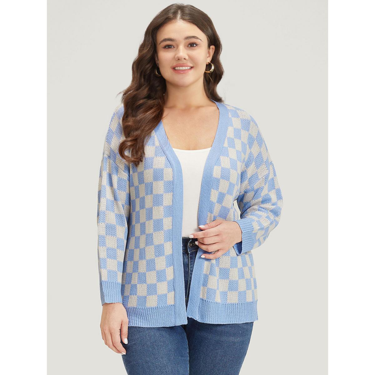 Plus Size Plaid Print Open Front Elastic Cuffs Cardigan LightBlue Women Casual Loose Long Sleeve Dailywear Cardigans BloomChic 22-24/3X Product Image