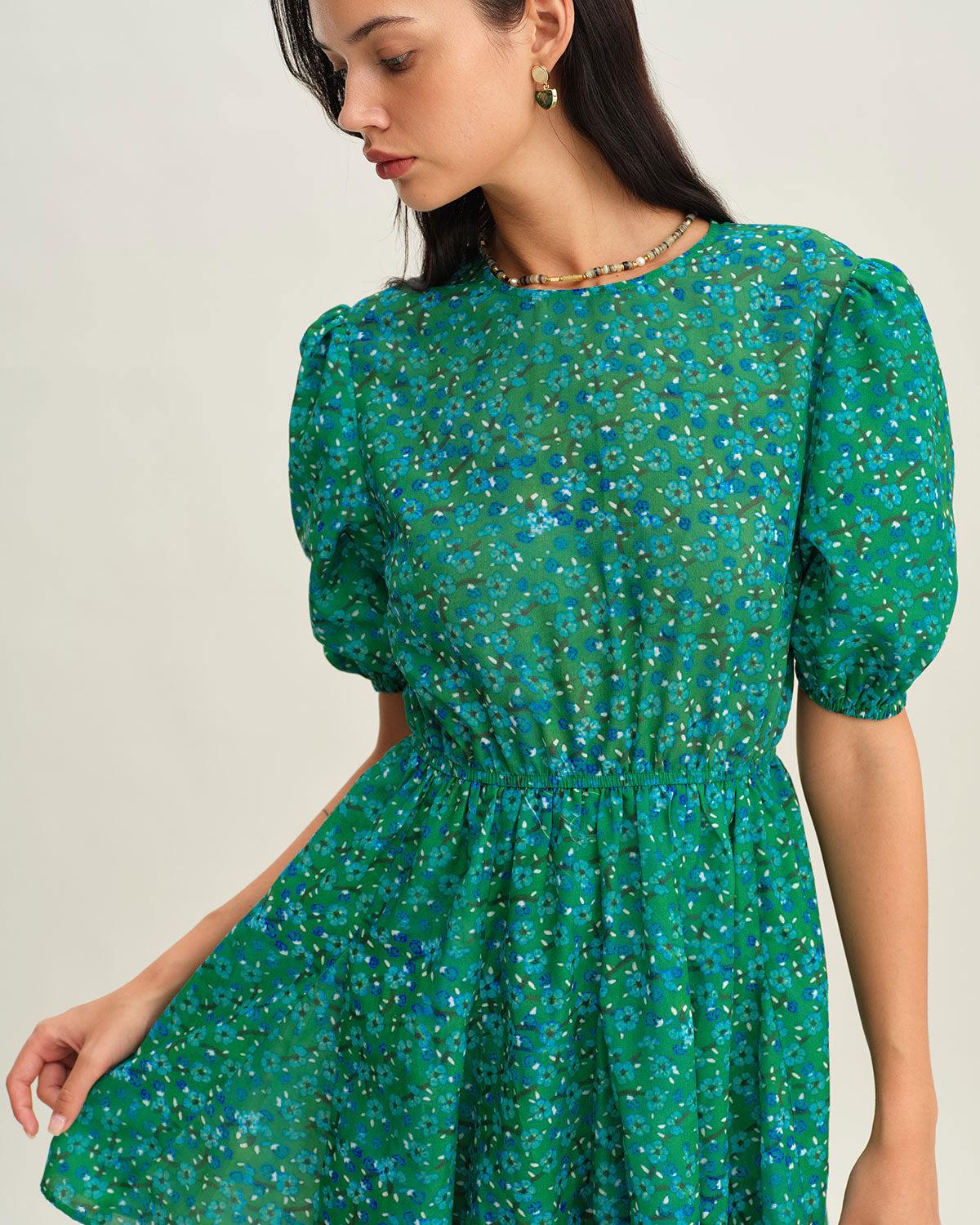 Green Ruched Elastic Waist Mini Dress Product Image