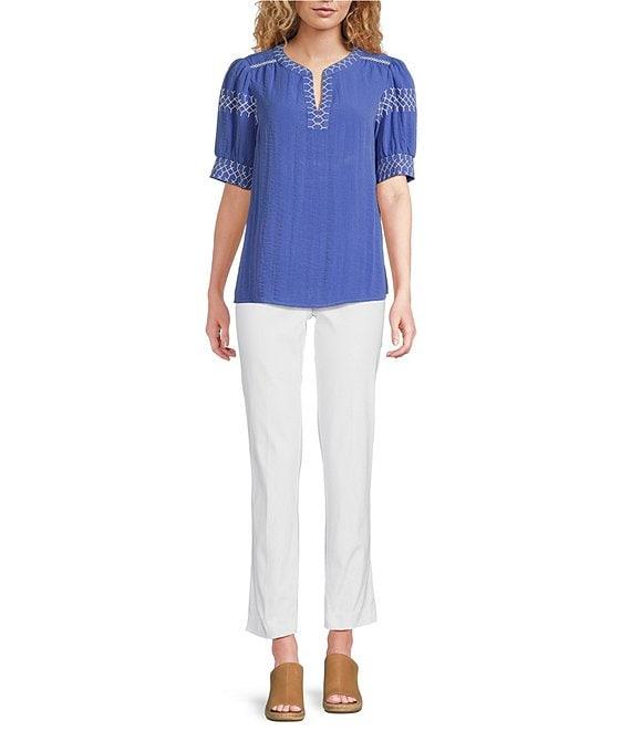 Ali Miles Embroidered Split V-Neck Elbow Sleeve Tunic Product Image