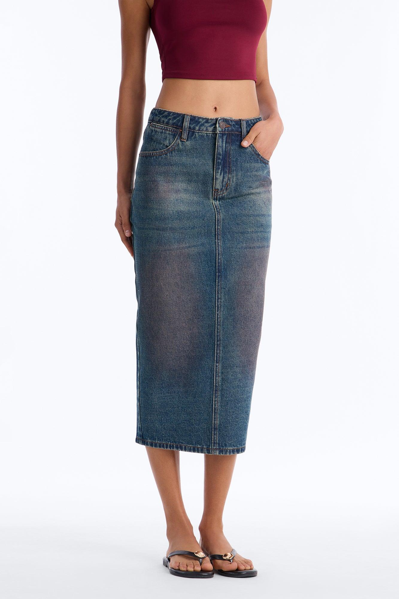 Adri Pink Tinted High Slit Denim Maxi Skirt - Vintage Wash Female Product Image