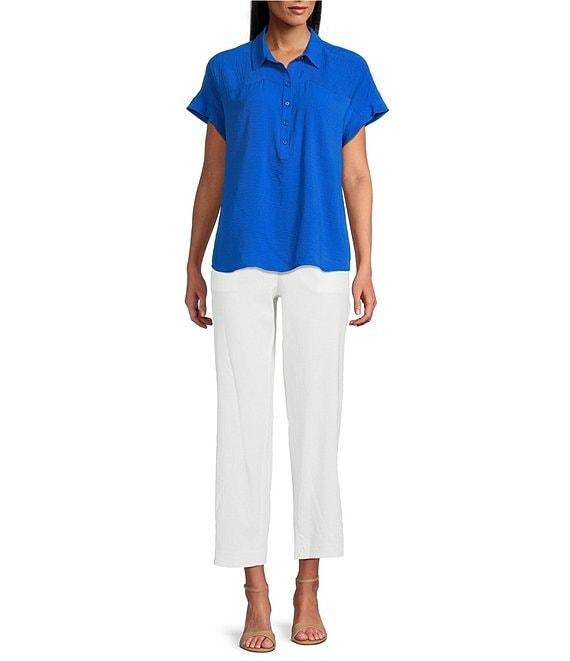 Investments Petite Size Woven Short Sleeve Point Collar Partial Button Front Top Product Image