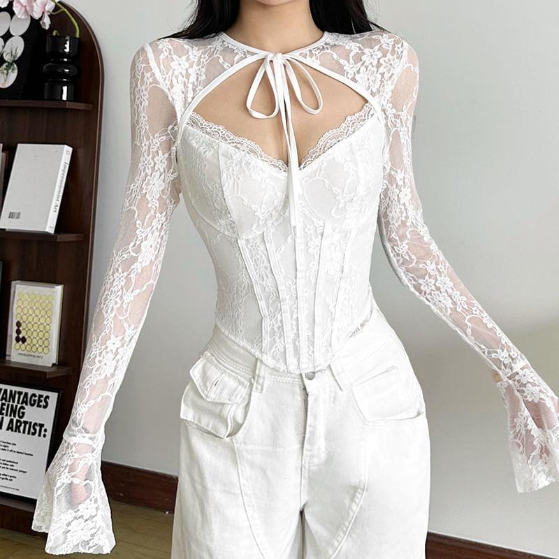 Bell Sleeve Lace Panel Plain Tie-Front Corset Top Product Image
