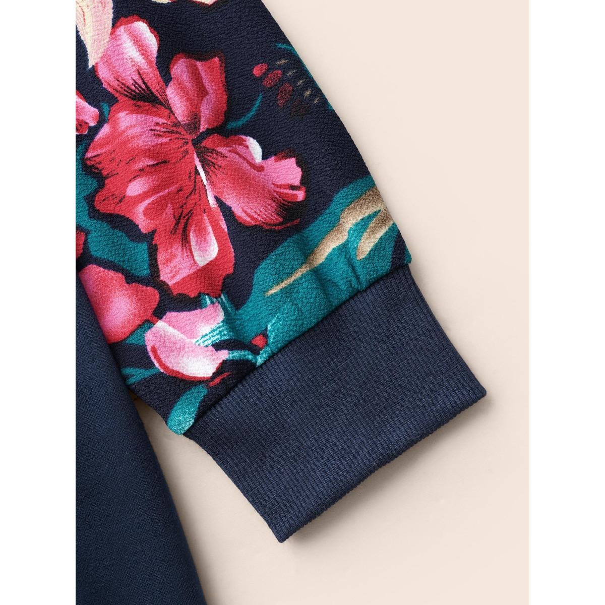 Plus Size Floral Patchwork Raglan Sleeve Sweatshirt Women DarkBlue Elegant Contrast Round Neck Everyday Sweatshirts BloomChic 18-20/2X Product Image