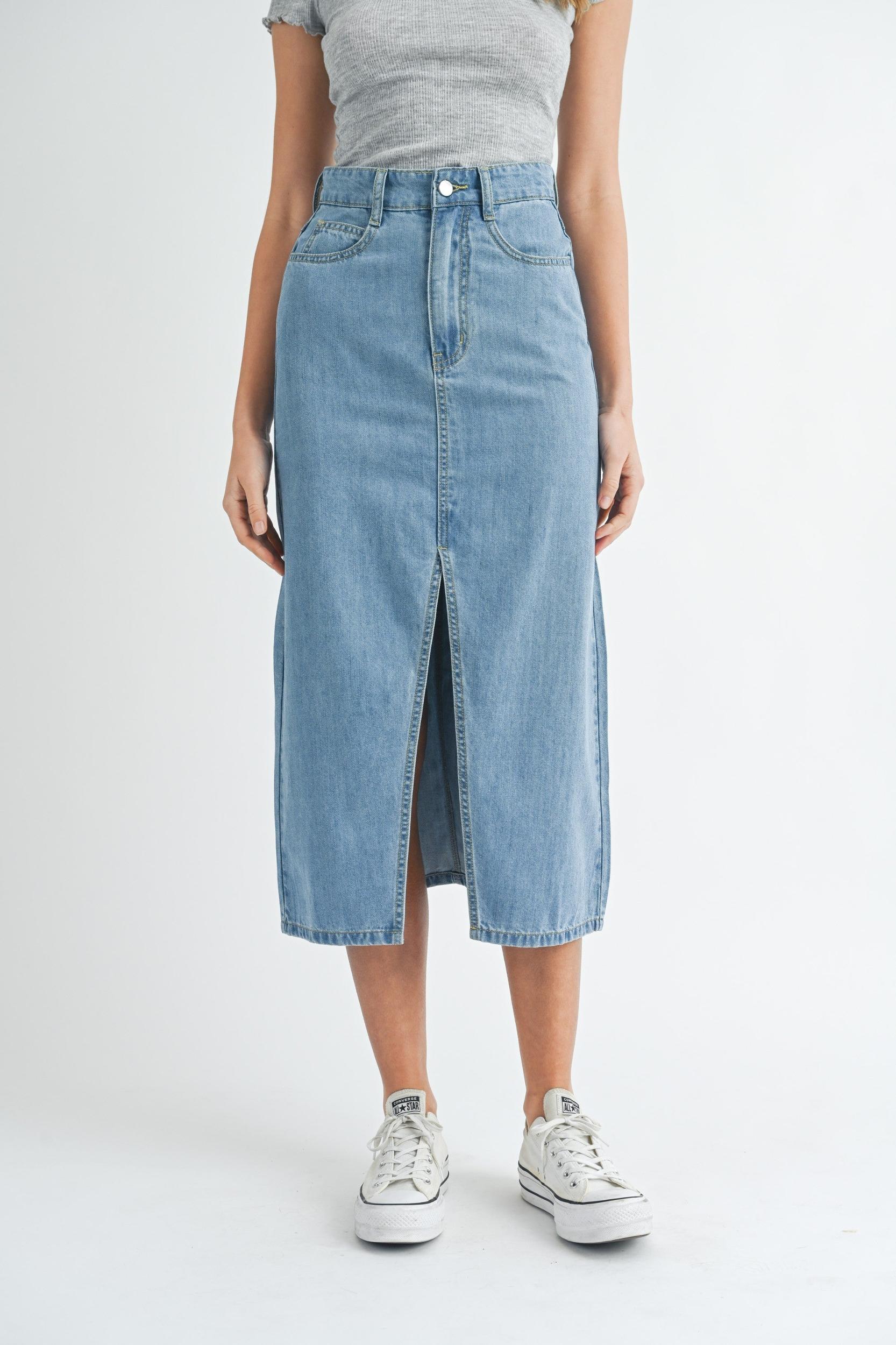 Front Slit Denim Midi Skirt Product Image